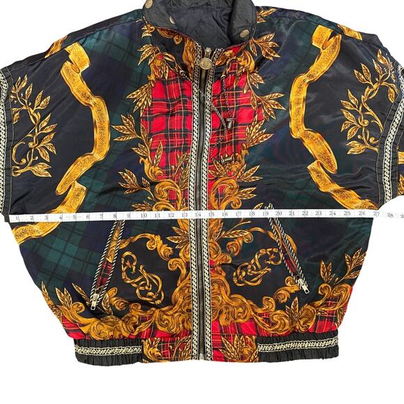 Vintage Giacca Sport Baroque Plaid Unisex Windbreaker Jacket Gold Scroll M/L - Picture 14 of 15